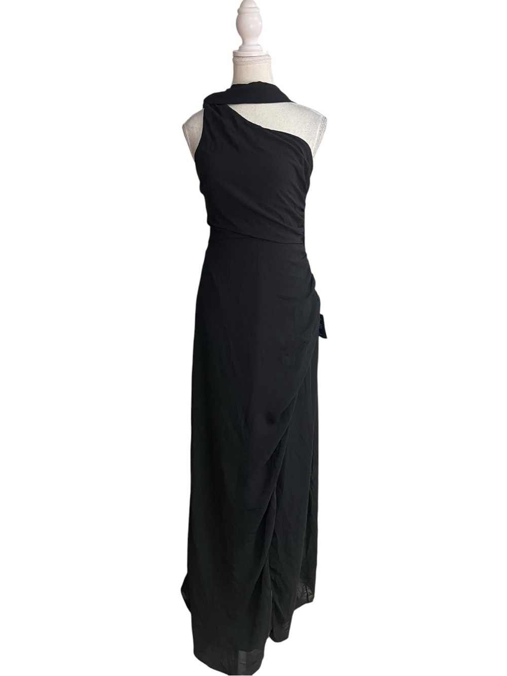 Lulus Adeline One-Shoulder Scarf Sash Maxi Dress Black